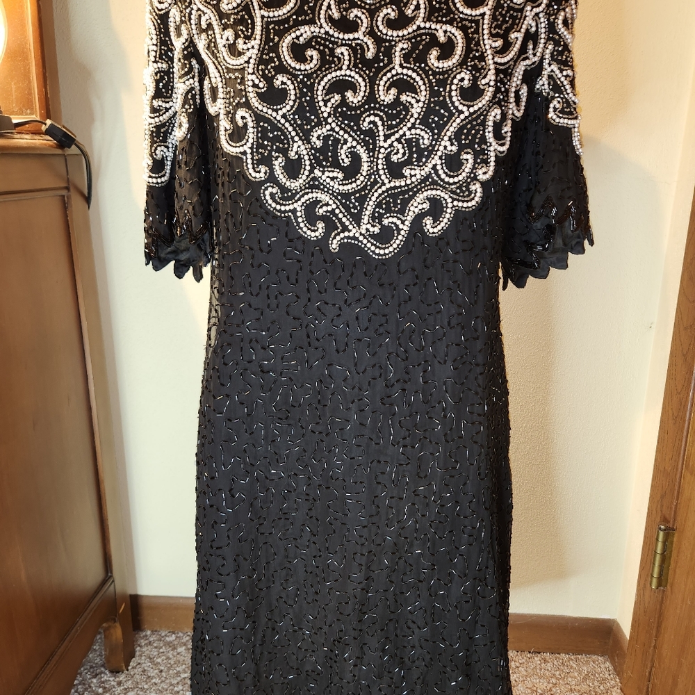 Vintage Stenay Beaded Mid-Calf 100% Silk Little Black Dress Size 6